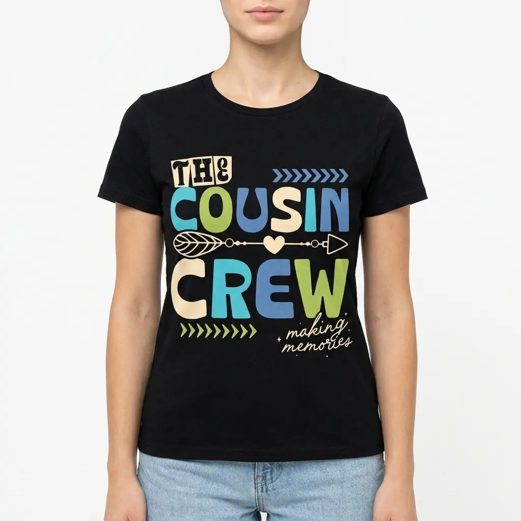Cousin Crew Making Memories Family Reunion T-Shirt 4 Close-up of 'Cousin Crew' design on black T-shirt.