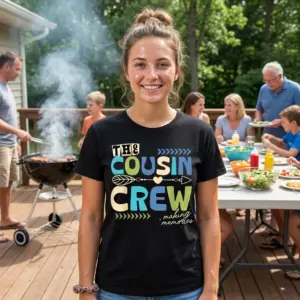 Cousin Crew Making Memories Family Reunion T-Shirt 11 Person wearing Cousin Crew T-shirt in casual setting.