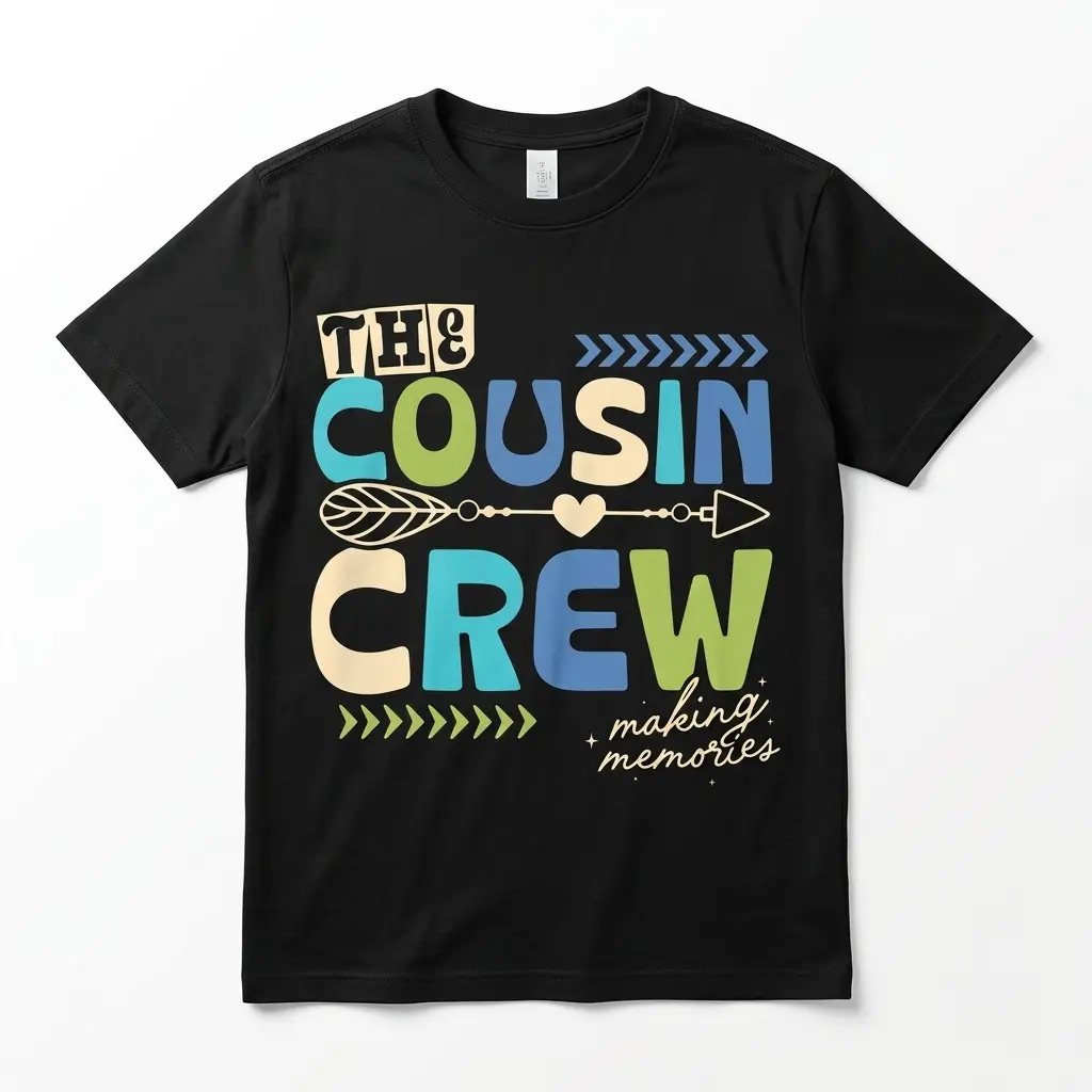 Cousin Crew Making Memories Family Reunion T-Shirt 1 Black T-shirt with 'Cousin Crew Making Memories' colorful design.