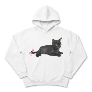 Cute Black Cat with Pink Bow Tail T-Shirt 7 Front view of a T-shirt with a black cat and pink bow design.
