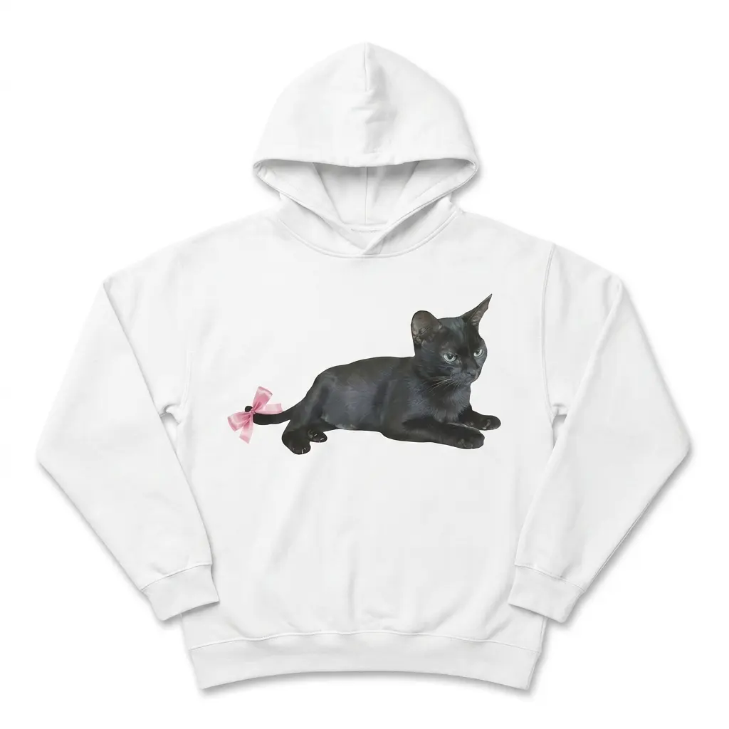 Front view of a T-shirt with a black cat and pink bow design.