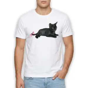 Cute Black Cat with Pink Bow Tail T-Shirt 8 Black cat with pink bow design on a white shirt, shown flat.