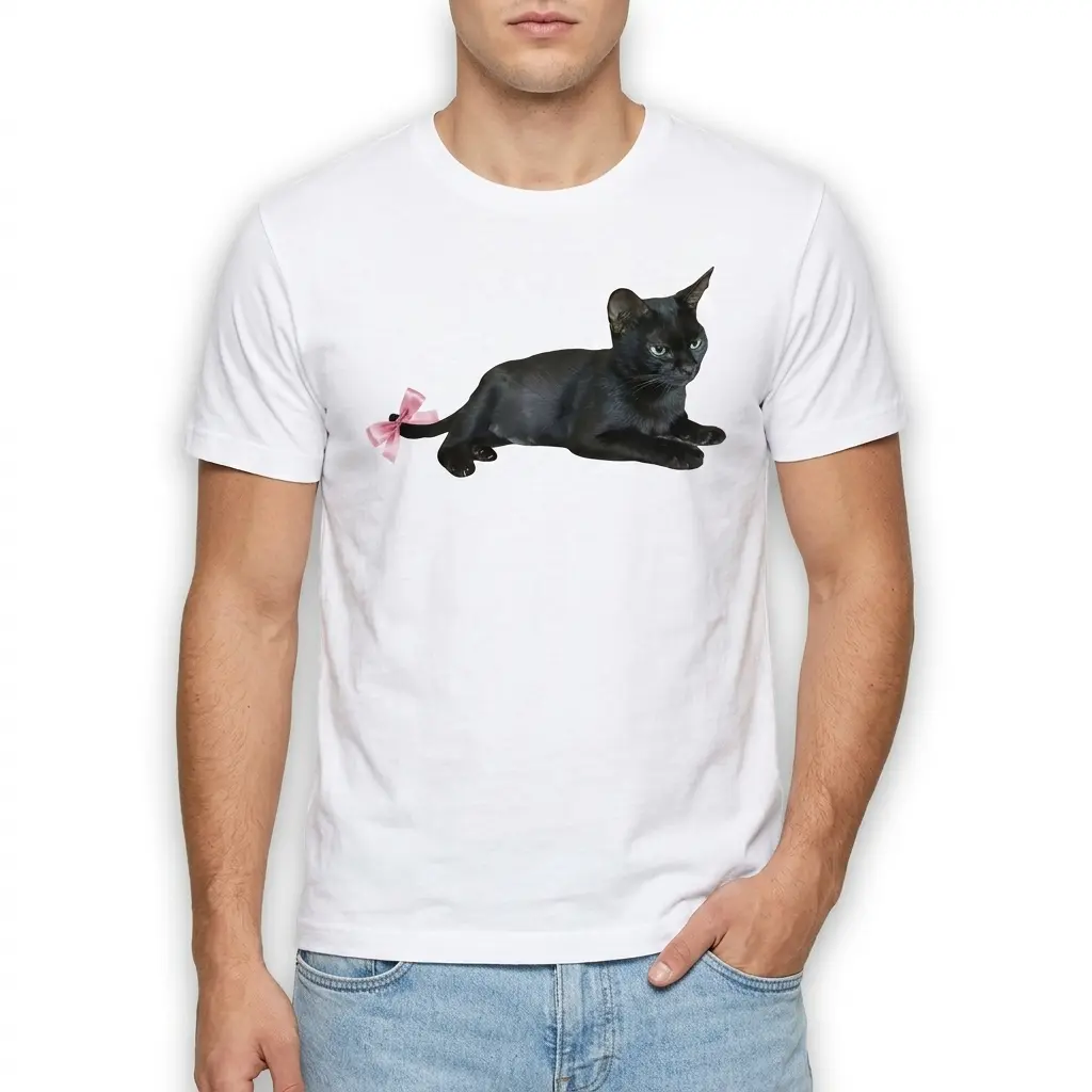 Black cat with pink bow design on a white shirt, shown flat.