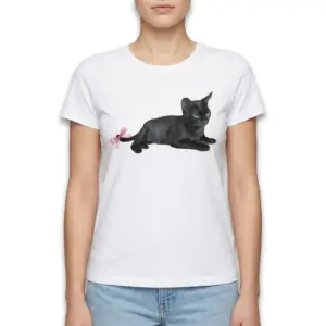 Cute Black Cat with Pink Bow Tail T-Shirt 9 White T-shirt displayed with black cat and pink bow graphic.