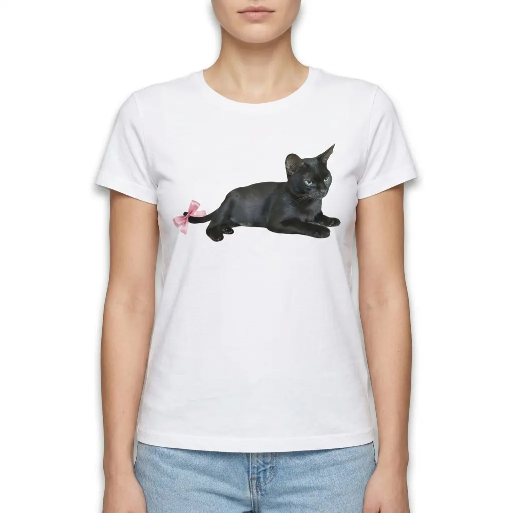 White T-shirt displayed with black cat and pink bow graphic.