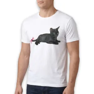 Cute Black Cat with Pink Bow Tail T-Shirt 10 Close-up of a T-shirt design with a black cat and pink bow.