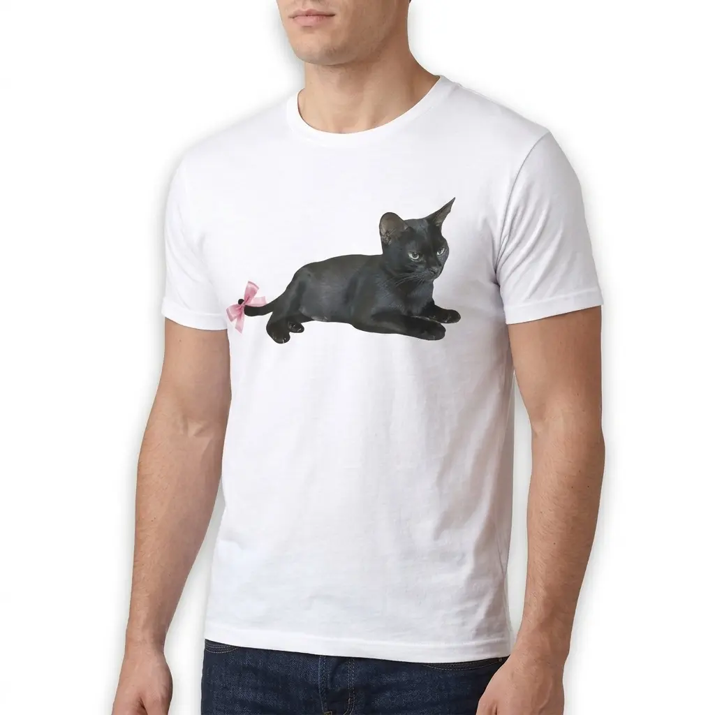 Close-up of a T-shirt design with a black cat and pink bow.