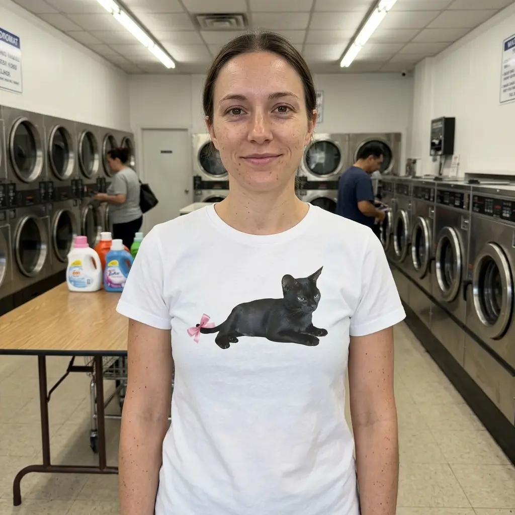 Person wearing a T-shirt with a black cat and pink bow design.