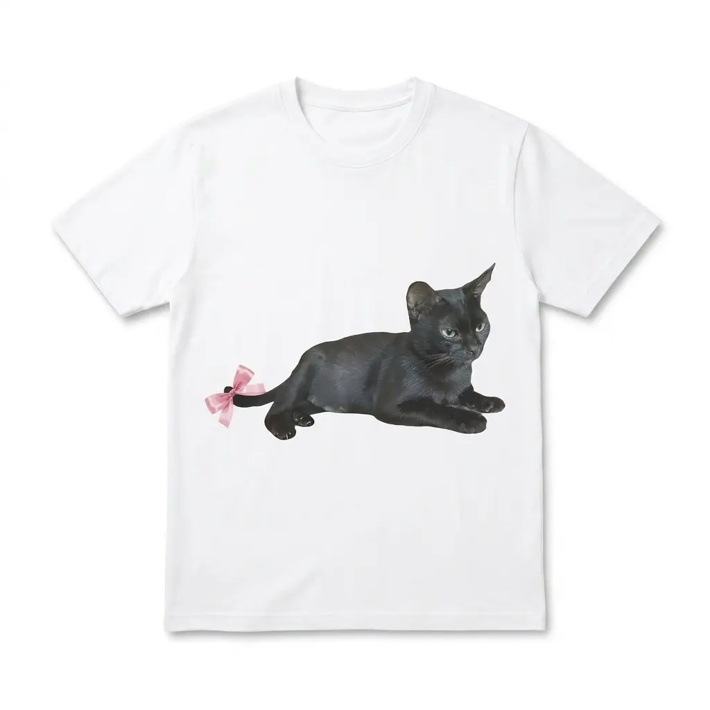 White T-shirt featuring a black cat with a pink bow on its tail.