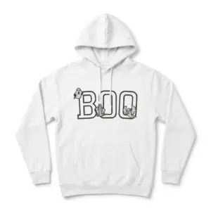 Cute Boo Ghost Graphic Halloween T-Shirt 7 Close-up of the upper left of the white t-shirt, showing the 'B' and first 'O' of 'BOO' with a ghost peeking from the 'B'.