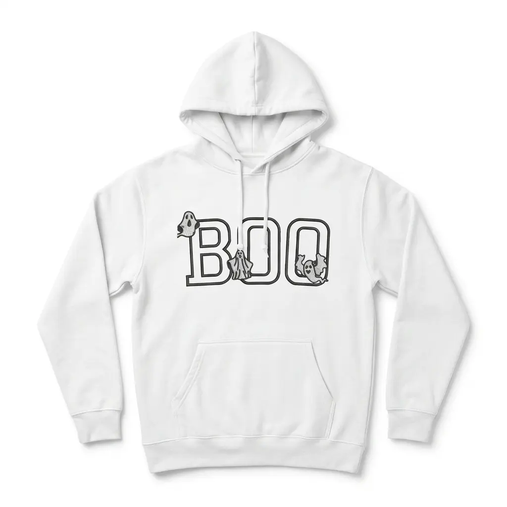 Cute Boo Ghost Graphic Halloween T-Shirt 2 Close-up of the upper left of the white t-shirt, showing the 'B' and first 'O' of 'BOO' with a ghost peeking from the 'B'.