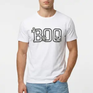 Cute Boo Ghost Graphic Halloween T-Shirt 8 Close-up of the upper right of the white t-shirt, highlighting the 'OO' of 'BOO' with a ghost inside one 'O' and another peeking.