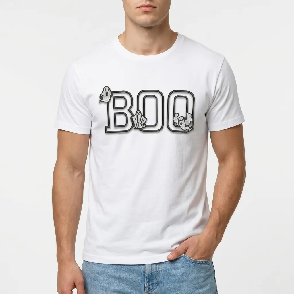 Cute Boo Ghost Graphic Halloween T-Shirt 3 Close-up of the upper right of the white t-shirt, highlighting the 'OO' of 'BOO' with a ghost inside one 'O' and another peeking.