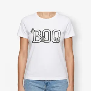 Cute Boo Ghost Graphic Halloween T-Shirt 9 Bottom left close-up of the white t-shirt, showing the lower part of the 'B' in 'BOO' and the garment's hem.