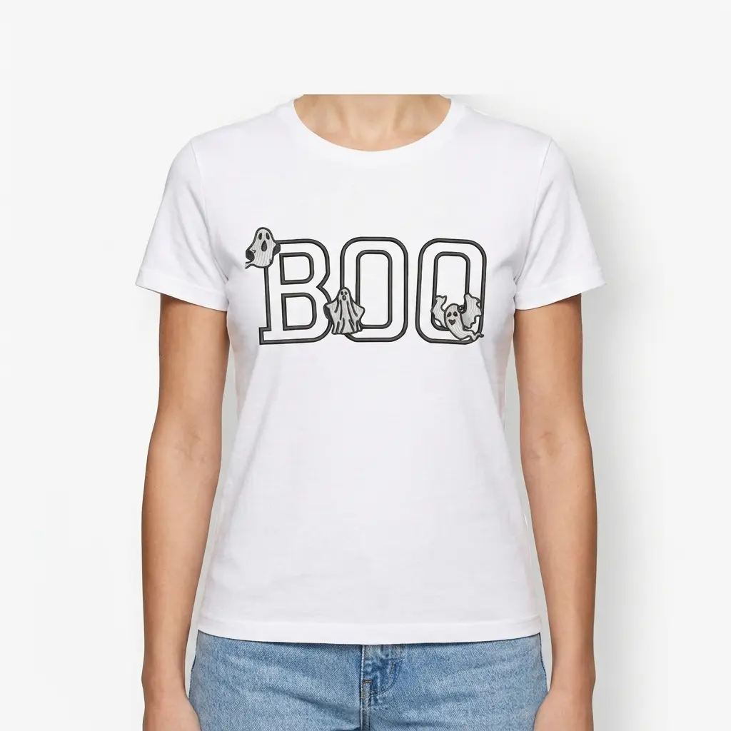Cute Boo Ghost Graphic Halloween T-Shirt 4 Bottom left close-up of the white t-shirt, showing the lower part of the 'B' in 'BOO' and the garment's hem.