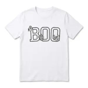 Front view of a white t-shirt featuring the word 'BOO' with three cute ghost characters interacting with the letters.