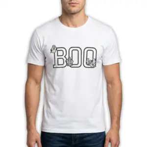 Cute Boo Ghost Graphic Halloween T-Shirt 10 Bottom right close-up of the white t-shirt, showing the lower part of the second 'O' in 'BOO' and the garment's hem.