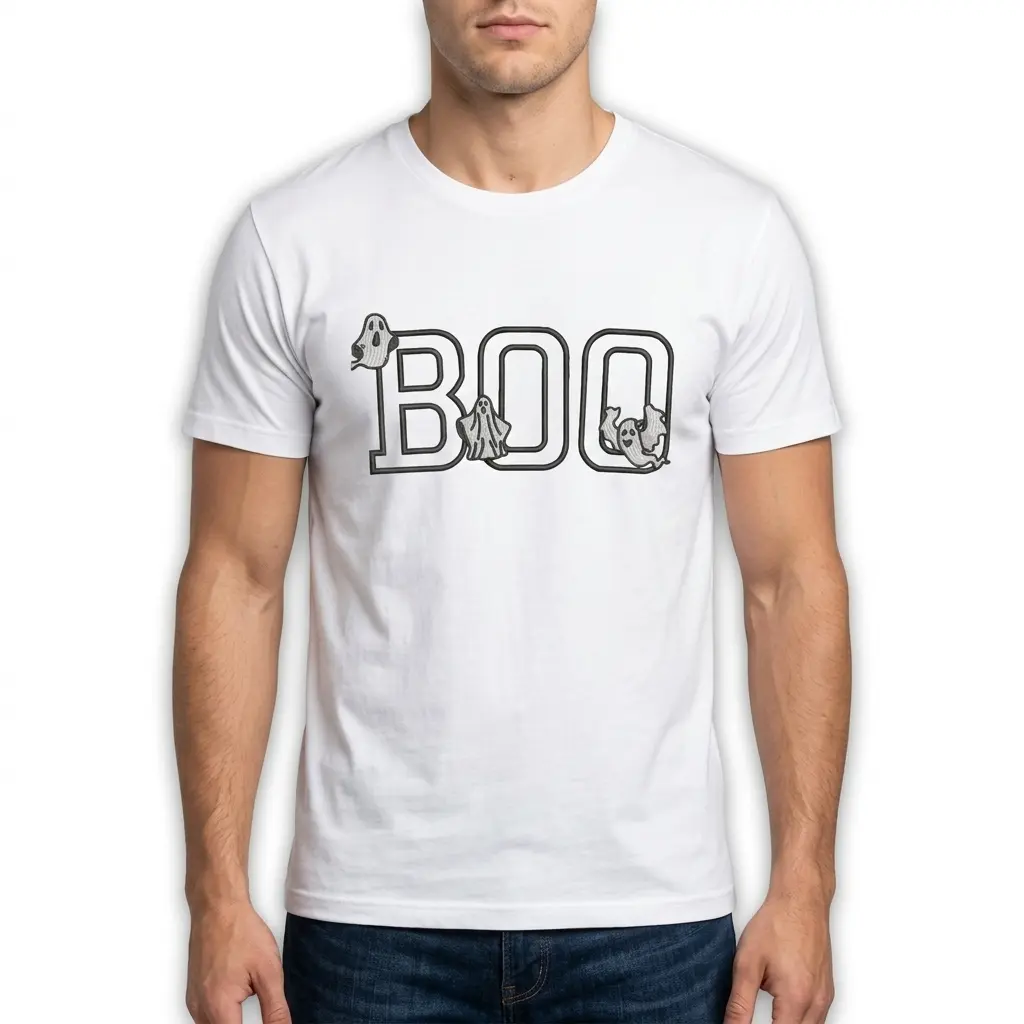 Cute Boo Ghost Graphic Halloween T-Shirt 5 Bottom right close-up of the white t-shirt, showing the lower part of the second 'O' in 'BOO' and the garment's hem.