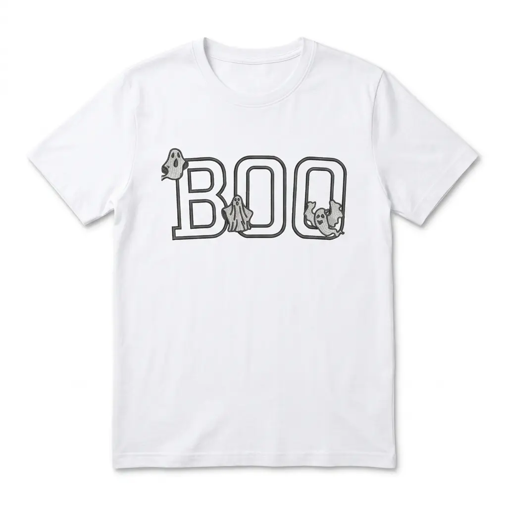 Cute Boo Ghost Graphic Halloween T-Shirt 1 Front view of a white t-shirt featuring the word 'BOO' with three cute ghost characters interacting with the letters.