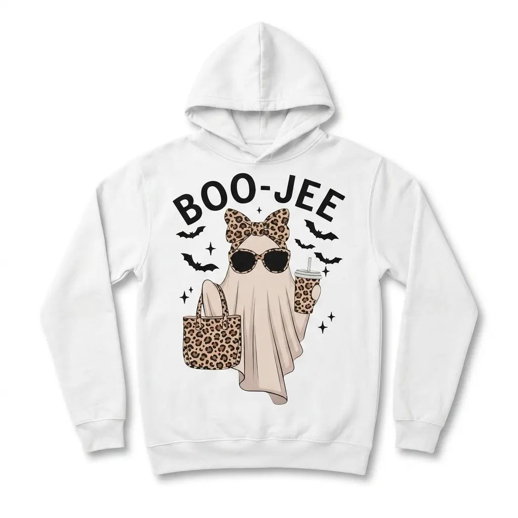 Cute Boo-Jee Leopard Ghost Halloween T-Shirt 2 White Boo-Jee T-shirt with a ghost in leopard print items.