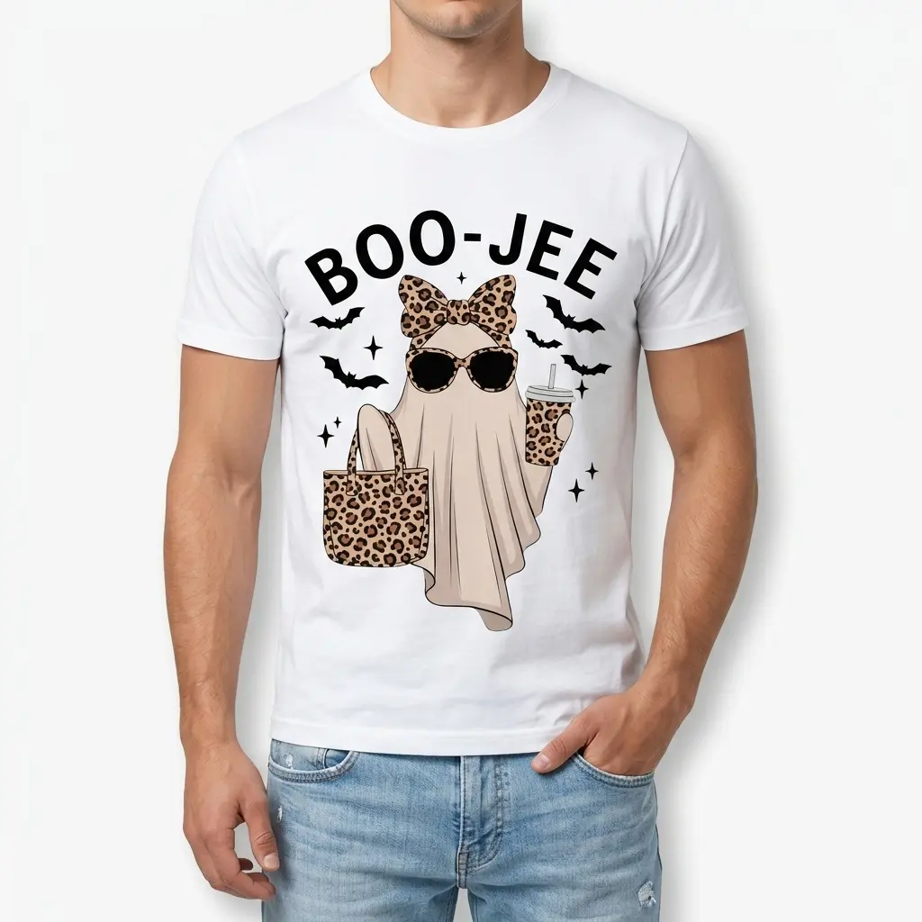 Cute Boo-Jee Leopard Ghost Halloween T-Shirt 3 Funny Halloween T-shirt with a stylish ghost and leopard print.