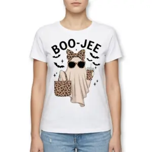 Cute Boo-Jee Leopard Ghost Halloween T-Shirt 9 Design of a ghost in leopard print on a white Halloween shirt.