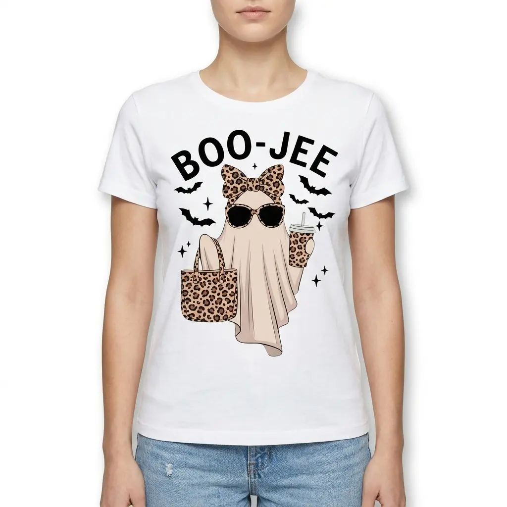 Cute Boo-Jee Leopard Ghost Halloween T-Shirt 4 Design of a ghost in leopard print on a white Halloween shirt.