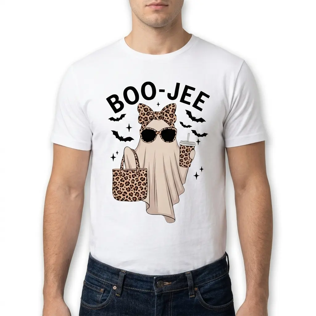 Cute Boo-Jee Leopard Ghost Halloween T-Shirt 5 Boo-Jee Halloween T-shirt featuring a chic ghost design.