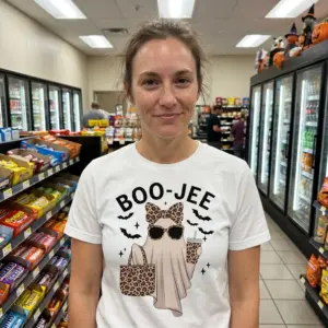 Cute Boo-Jee Leopard Ghost Halloween T-Shirt 11 Person wearing a Boo-Jee Halloween T-shirt with a leopard print ghost.