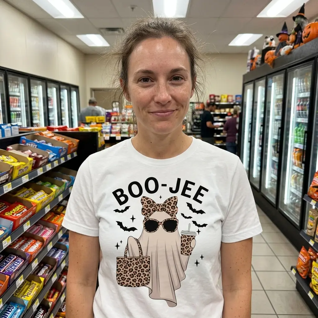 Cute Boo-Jee Leopard Ghost Halloween T-Shirt 6 Person wearing a Boo-Jee Halloween T-shirt with a leopard print ghost.