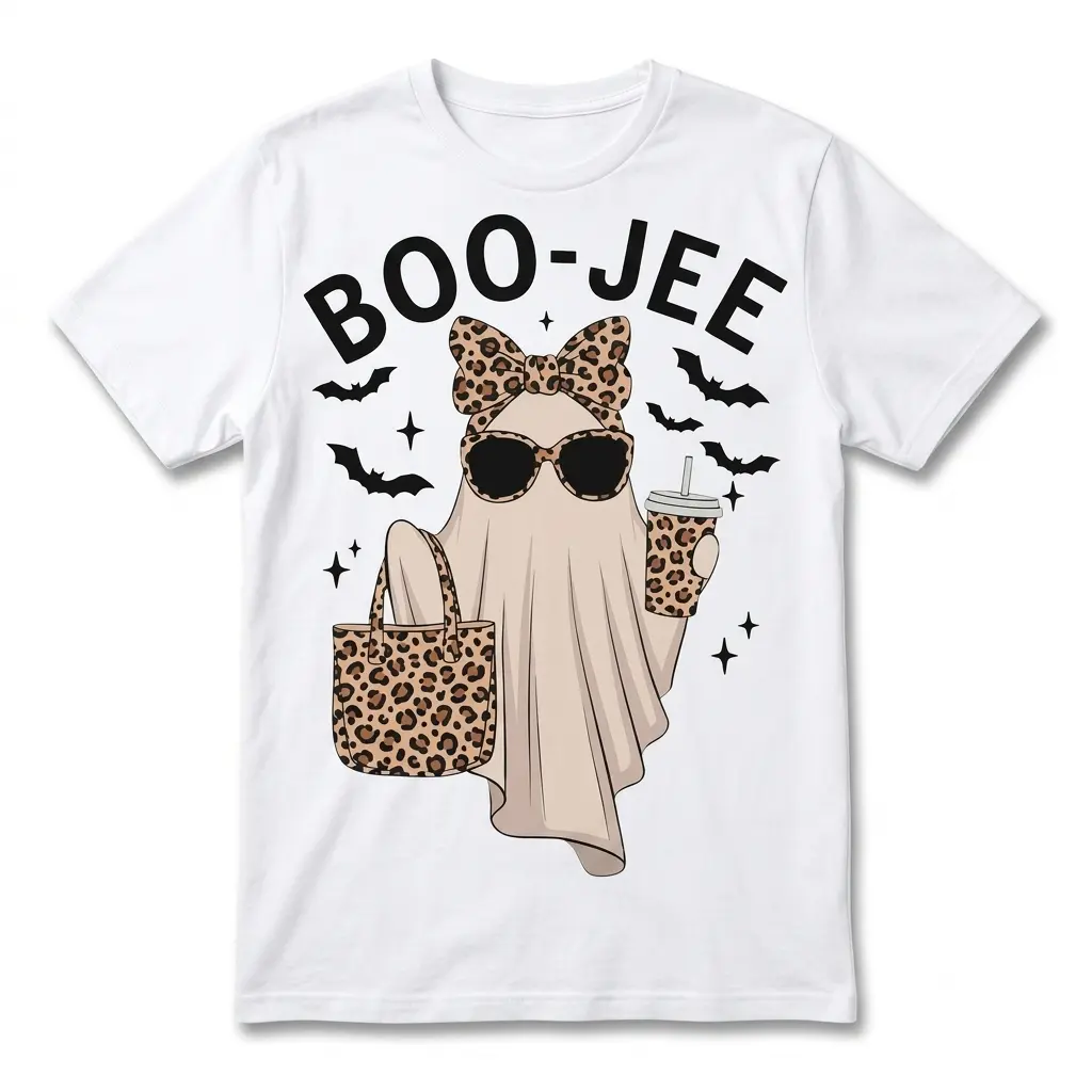 Cute Boo-Jee Leopard Ghost Halloween T-Shirt 1 White T-shirt featuring a cute ghost with leopard print accessories.