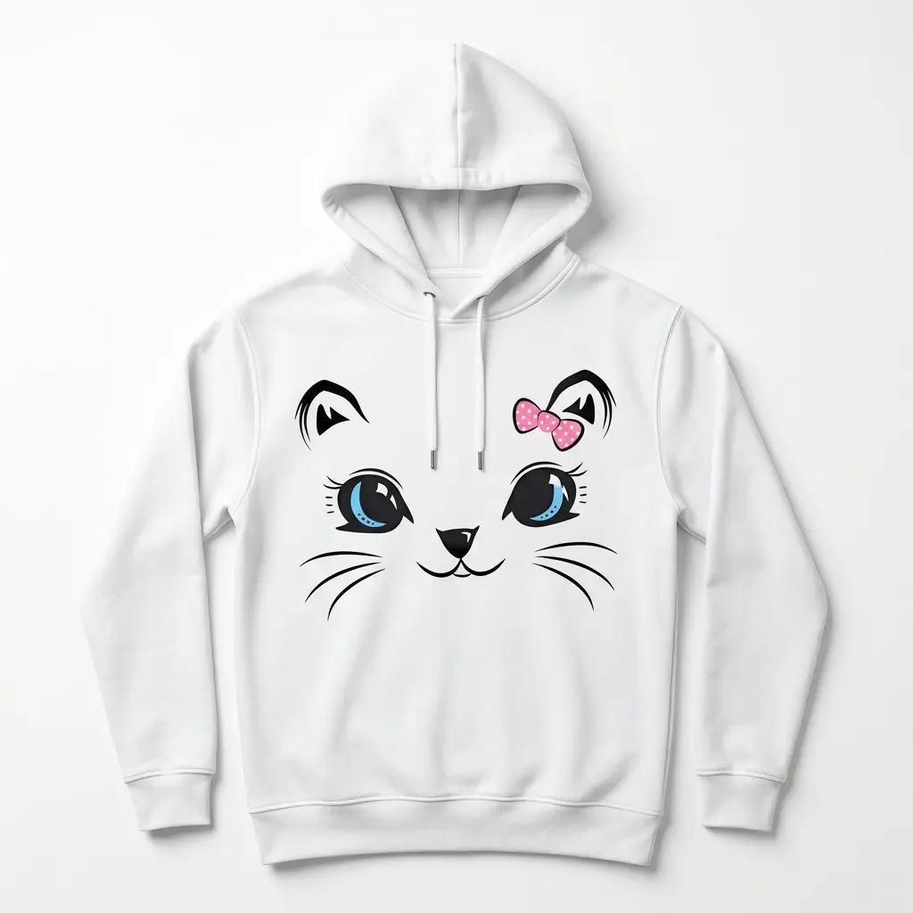 Front view of a white tee showcasing a playful cat graphic with wide eyes and a pink bow.