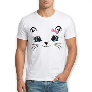 Cute Cat Face Pink Bow T-Shirt 8 Close-up of a t-shirt highlighting a cat face with vibrant blue eyes and a polka dot bow.