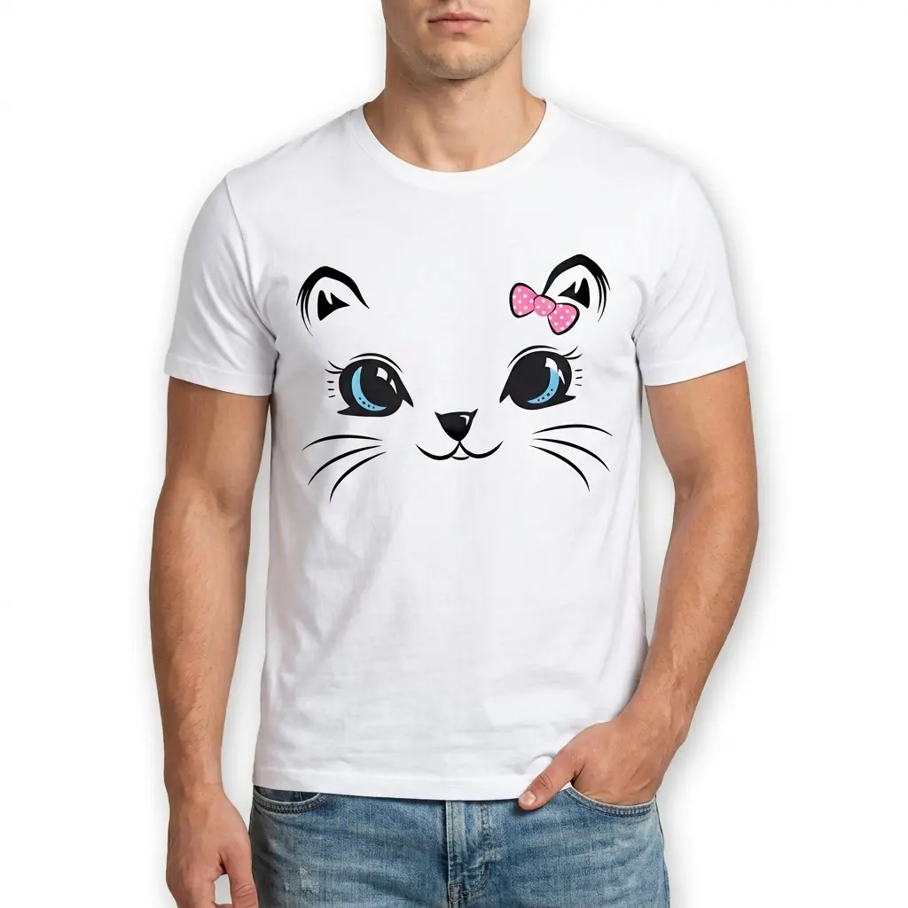 Close-up of a t-shirt highlighting a cat face with vibrant blue eyes and a polka dot bow.