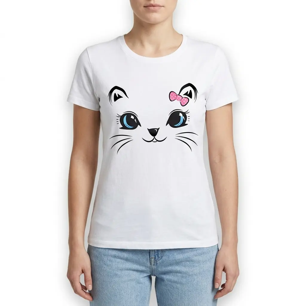 T-shirt design displaying a whimsical cat face, complete with a pink bow and expressive features.