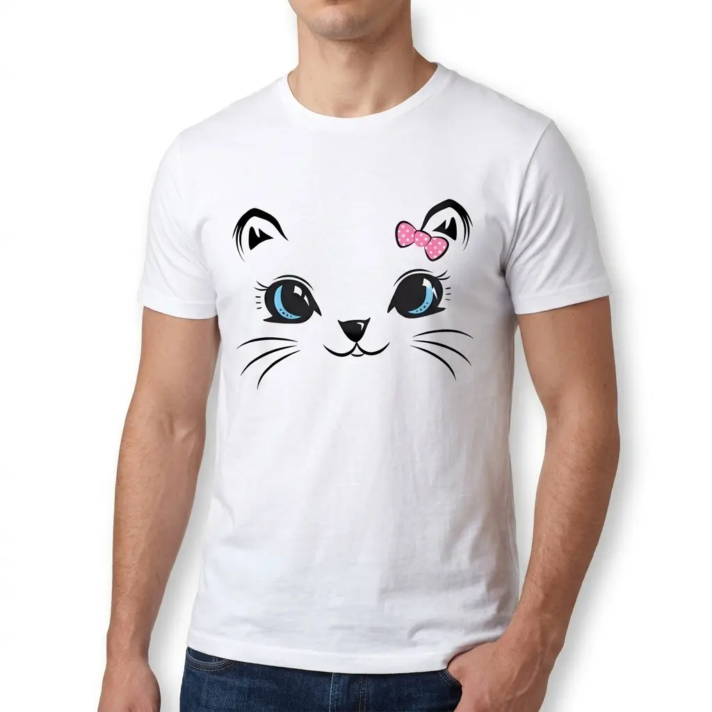 Showcasing a cute cat graphic tee, this shirt features a friendly cat's face with bold colors.