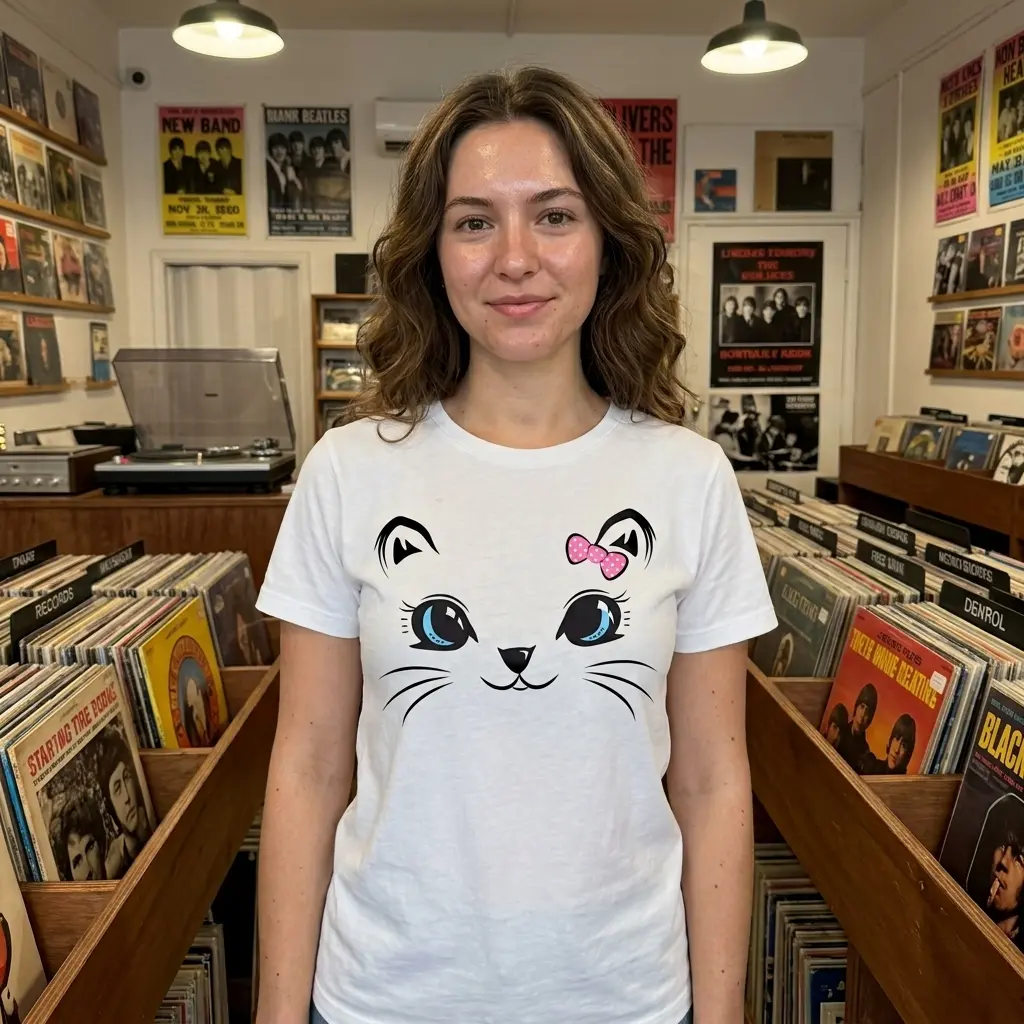 Model wearing the cute cat graphic tee in a casual outdoor setting, smiling and enjoying the day.