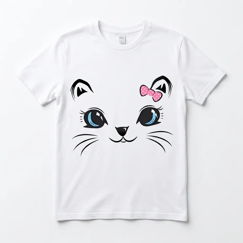 White t-shirt featuring a cute cat face design with blue eyes and a pink bow.