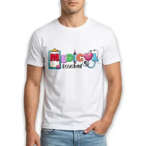 Cute Colorful Medical Assistant T-Shirt 8 Close-up of the upper right of a white medical assistant shirt, showing the colorful "ICAL" graphic with a syringe, heart, and stethoscope elements.