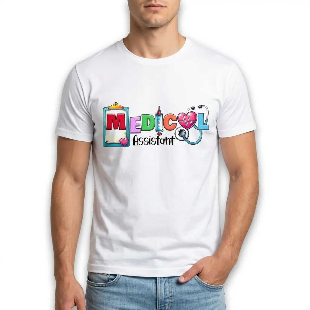 Close-up of the upper right of a white medical assistant shirt, showing the colorful "ICAL" graphic with a syringe, heart, and stethoscope elements.
