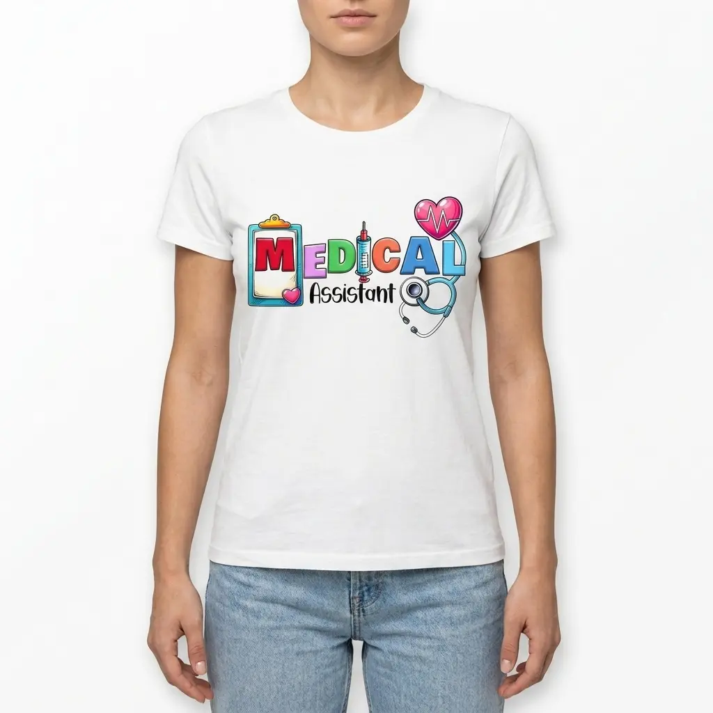 Close-up of the lower left of a white medical assistant shirt, highlighting the clipboard "M" and "Assistant" text in the colorful design.