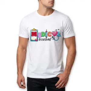 Cute Colorful Medical Assistant T-Shirt 10 Close-up of the lower right of a white medical assistant shirt, highlighting the stethoscope "L" and "Assistant" text in the colorful design.