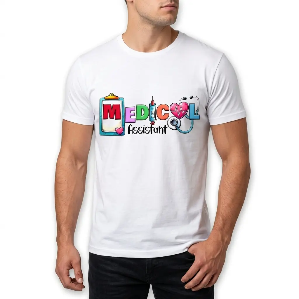 Close-up of the lower right of a white medical assistant shirt, highlighting the stethoscope "L" and "Assistant" text in the colorful design.