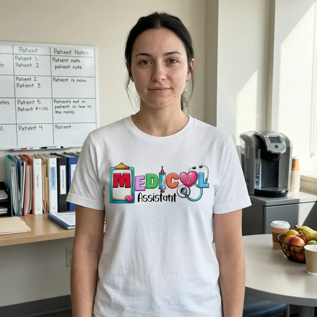 White t-shirt featuring a vibrant "MEDICAL Assistant" graphic, creatively incorporating a clipboard, syringe, heart, and stethoscope.