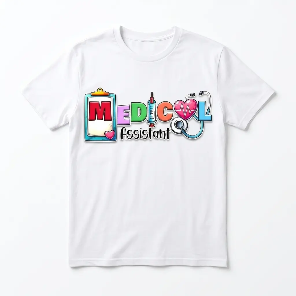 Front view of a white medical assistant shirt with a colorful "MEDICAL Assistant" design, featuring a clipboard, syringe, heart, and stethoscope elements.