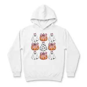 Cute Coquette Halloween Ghost and Pumpkin T-Shirt 7 Front view of t-shirt with playful ghost and pumpkin design.