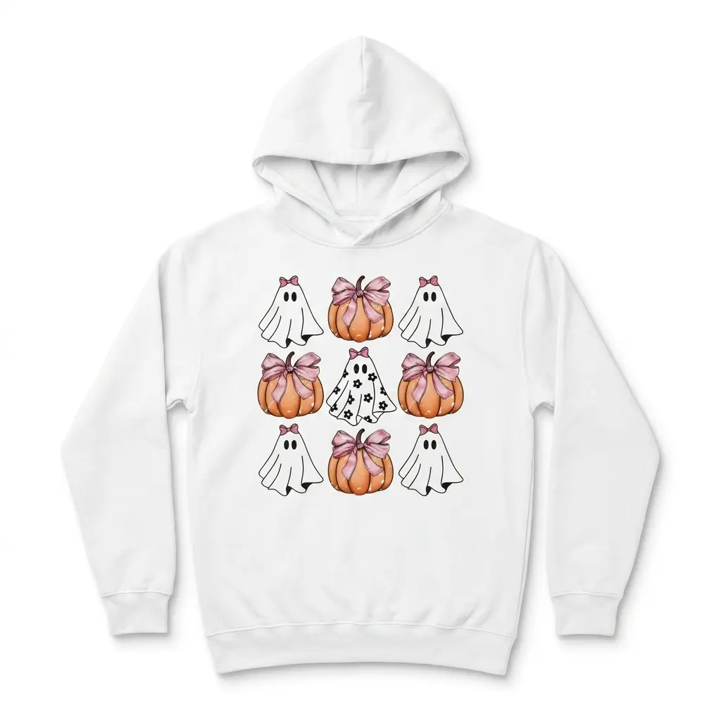 Cute Coquette Halloween Ghost and Pumpkin T-Shirt 2 Front view of t-shirt with playful ghost and pumpkin design.