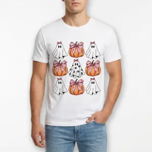 Cute Coquette Halloween Ghost and Pumpkin T-Shirt 8 Close-up of whimsical pumpkin and ghost print on white t-shirt.