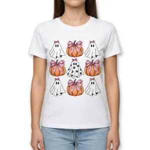 Cute Coquette Halloween Ghost and Pumpkin T-Shirt 9 Detailed view of Halloween-themed shirt with ghosts and pumpkins.