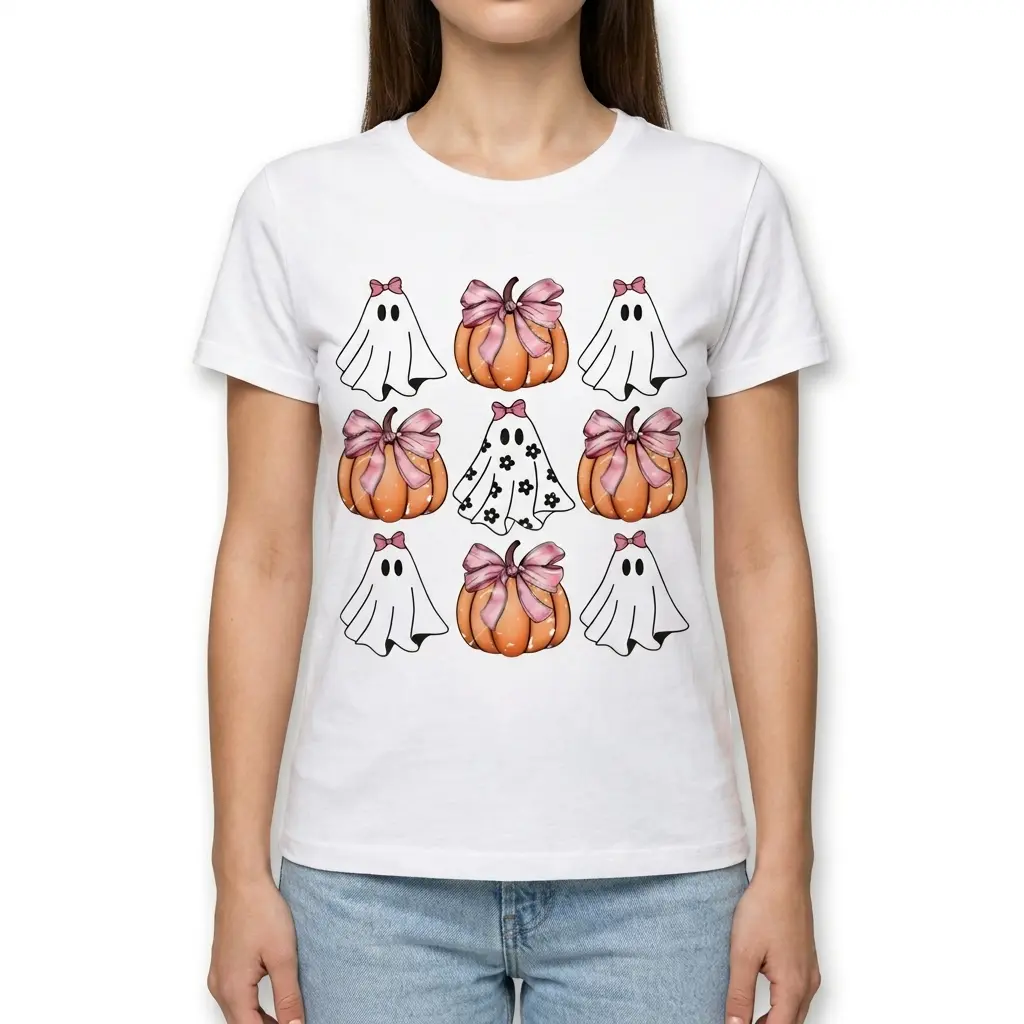 Cute Coquette Halloween Ghost and Pumpkin T-Shirt 4 Detailed view of Halloween-themed shirt with ghosts and pumpkins.